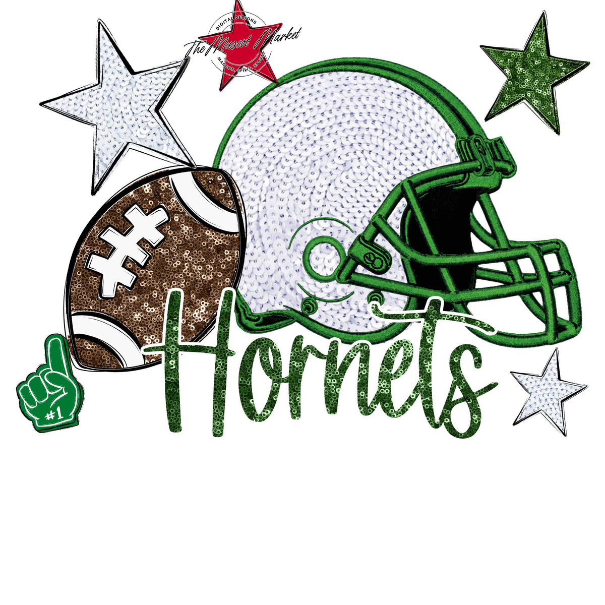 Hornets Football Embroidered Sequins Design-Kelly Green
