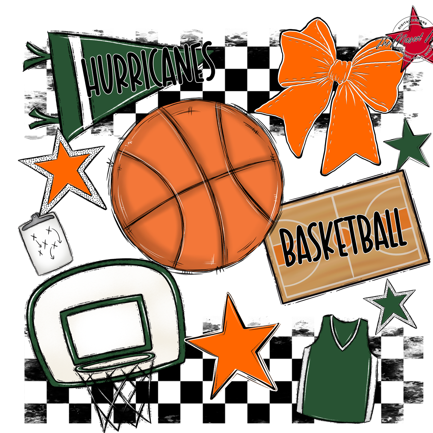 Hurricanes Checkers Basketball Spirit Design-Green-Orange