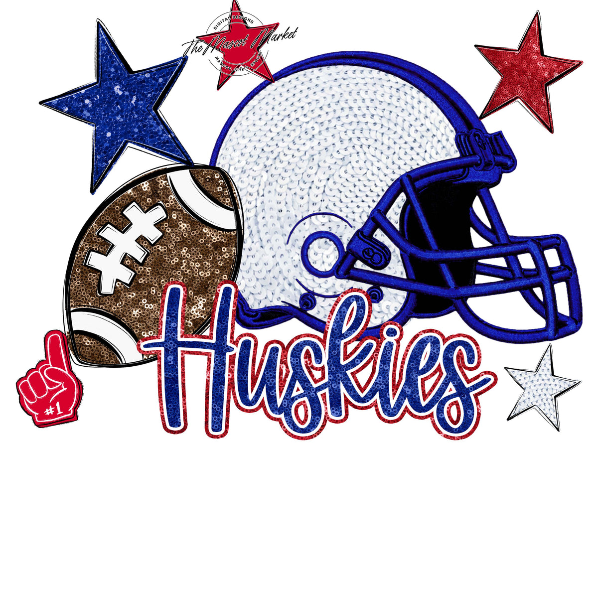 Huskies Football Embroidered Sequins Design-Blue & Red