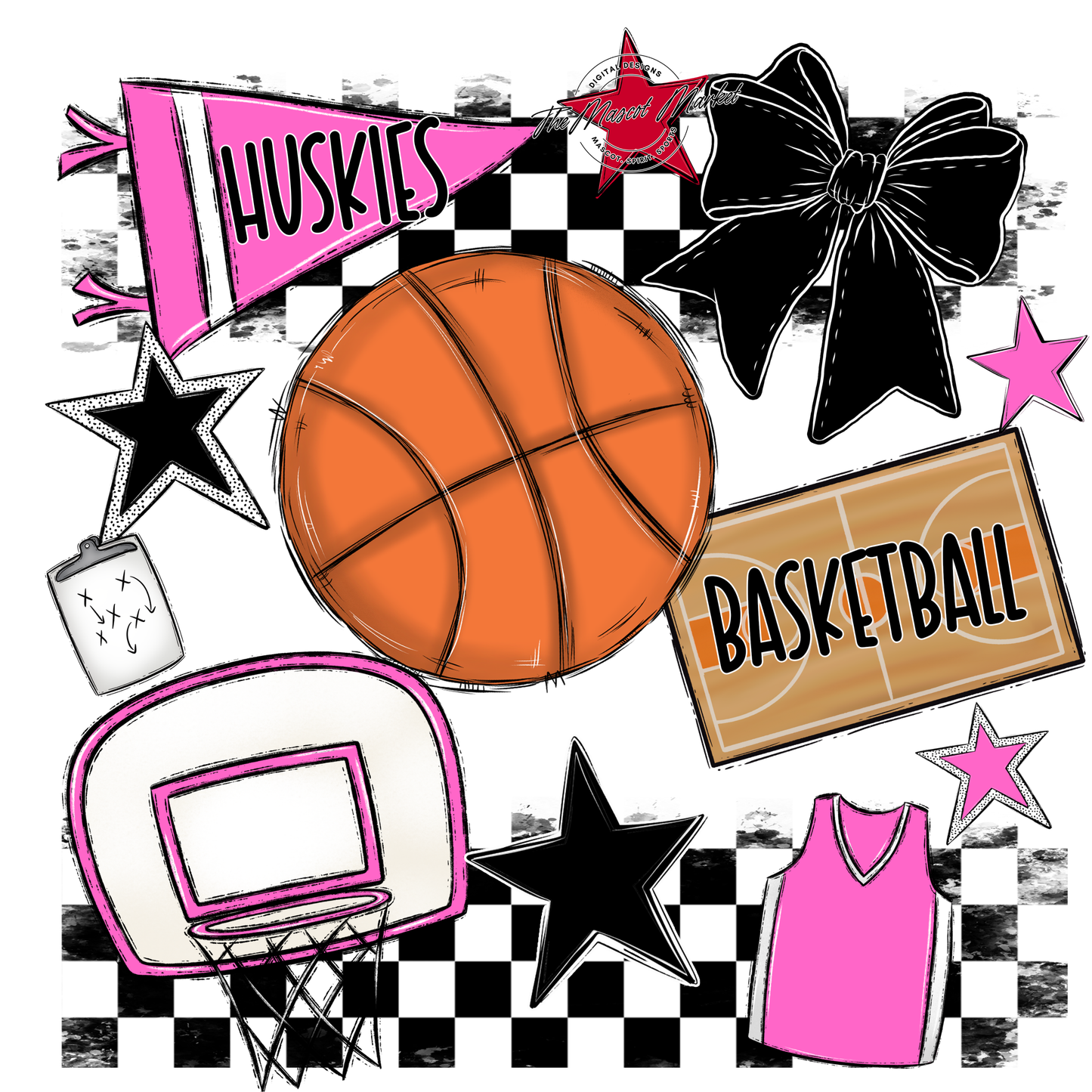 Huskies Checkers Basketball Spirit Design-Baby Pink