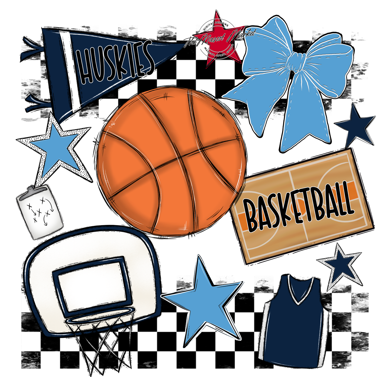 Huskies Checkers Basketball Spirit Design-Navy-Carolina Blue
