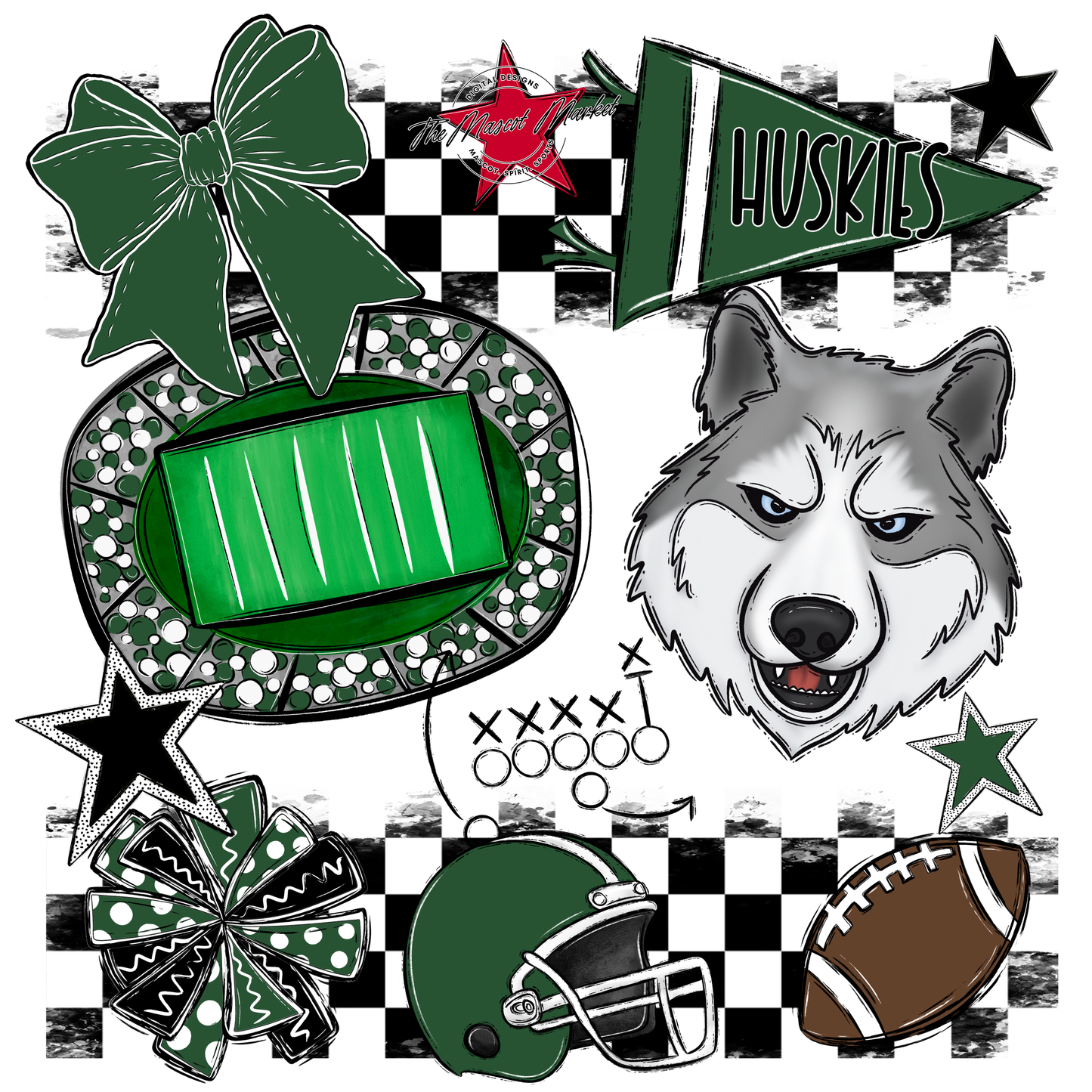 Huskies Checkers Mascot Spirit Design-Green