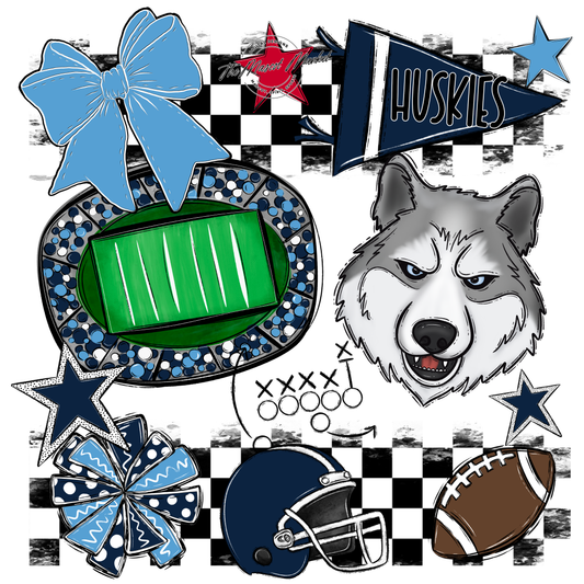 Huskies Checkers Mascot Spirit Design-Navy-Carolina Blue