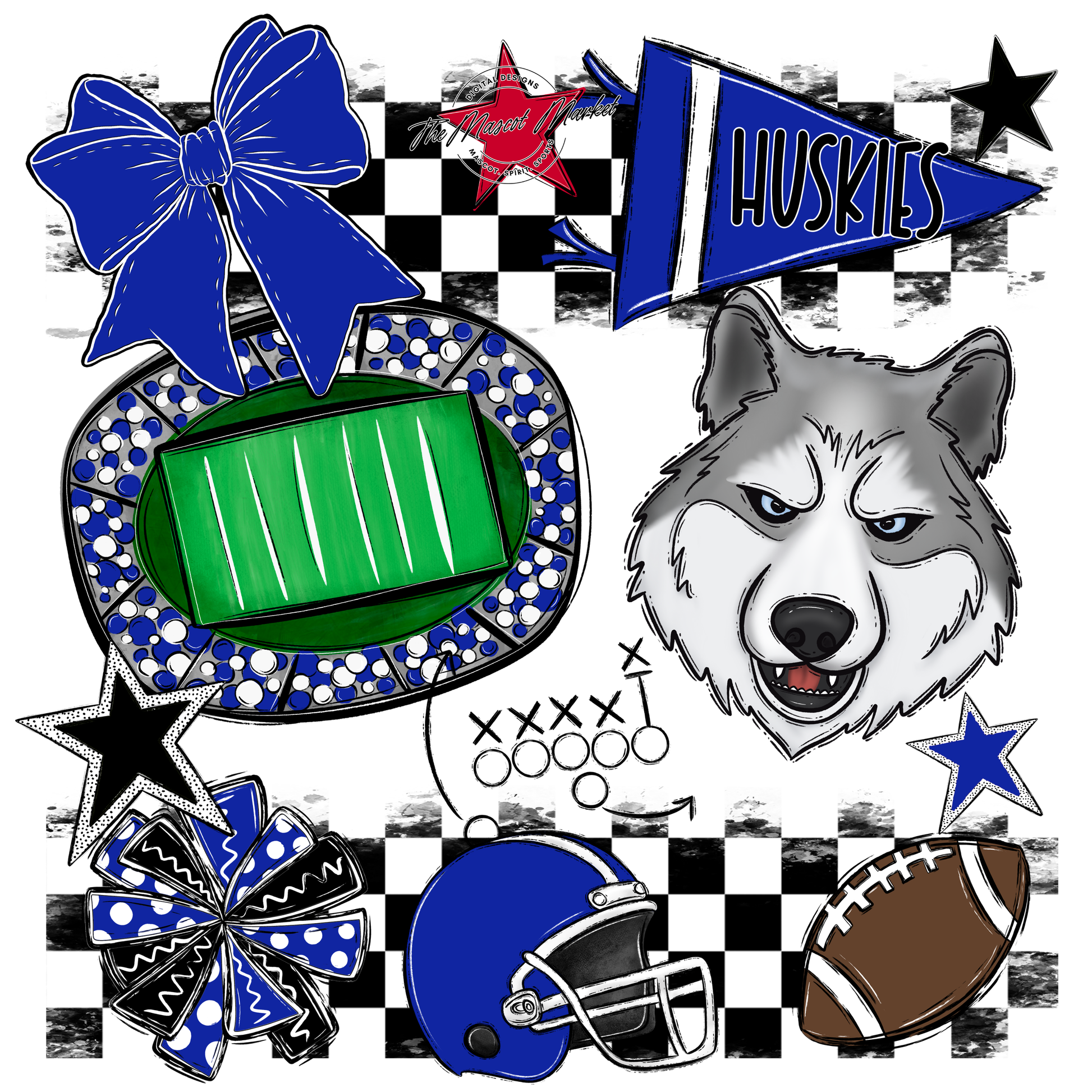 Huskies Checkers Mascot Spirit Design-Royal Blue