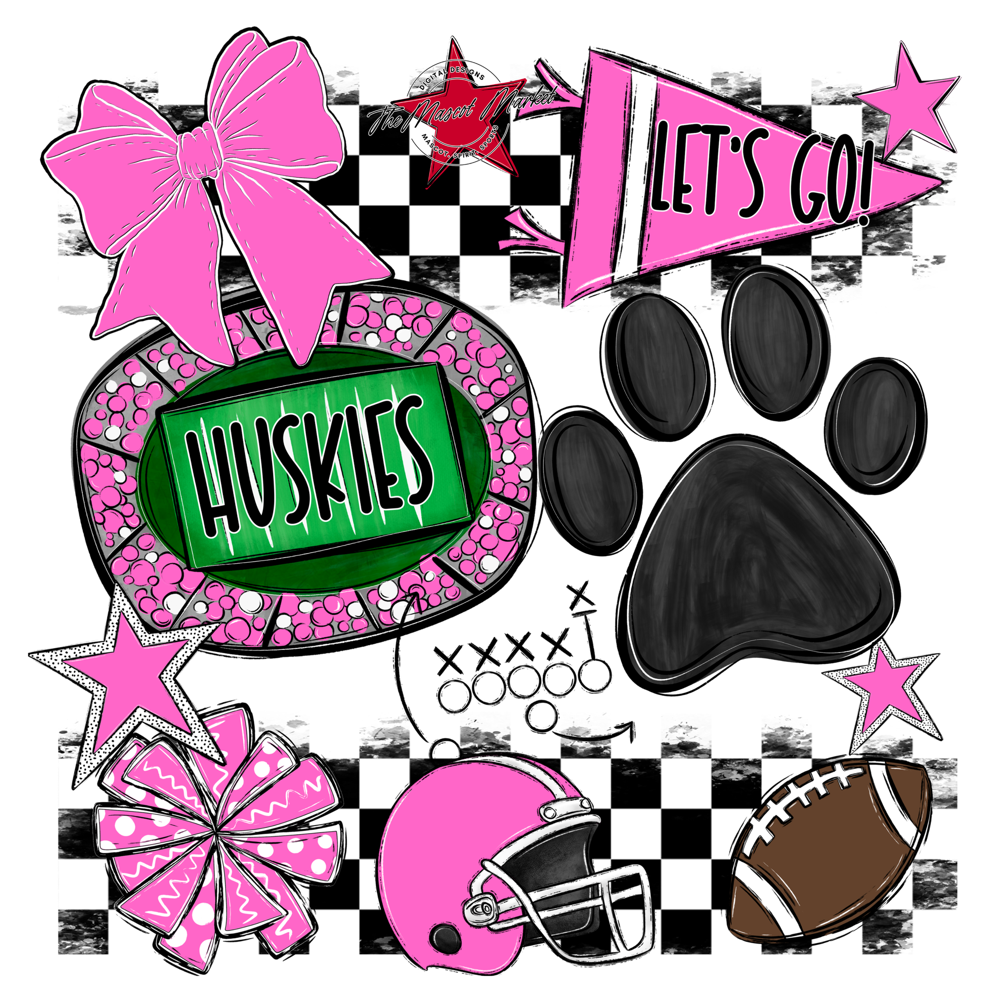 Huskies Checkers Mascot Spirit Design w Paw-Baby Pink