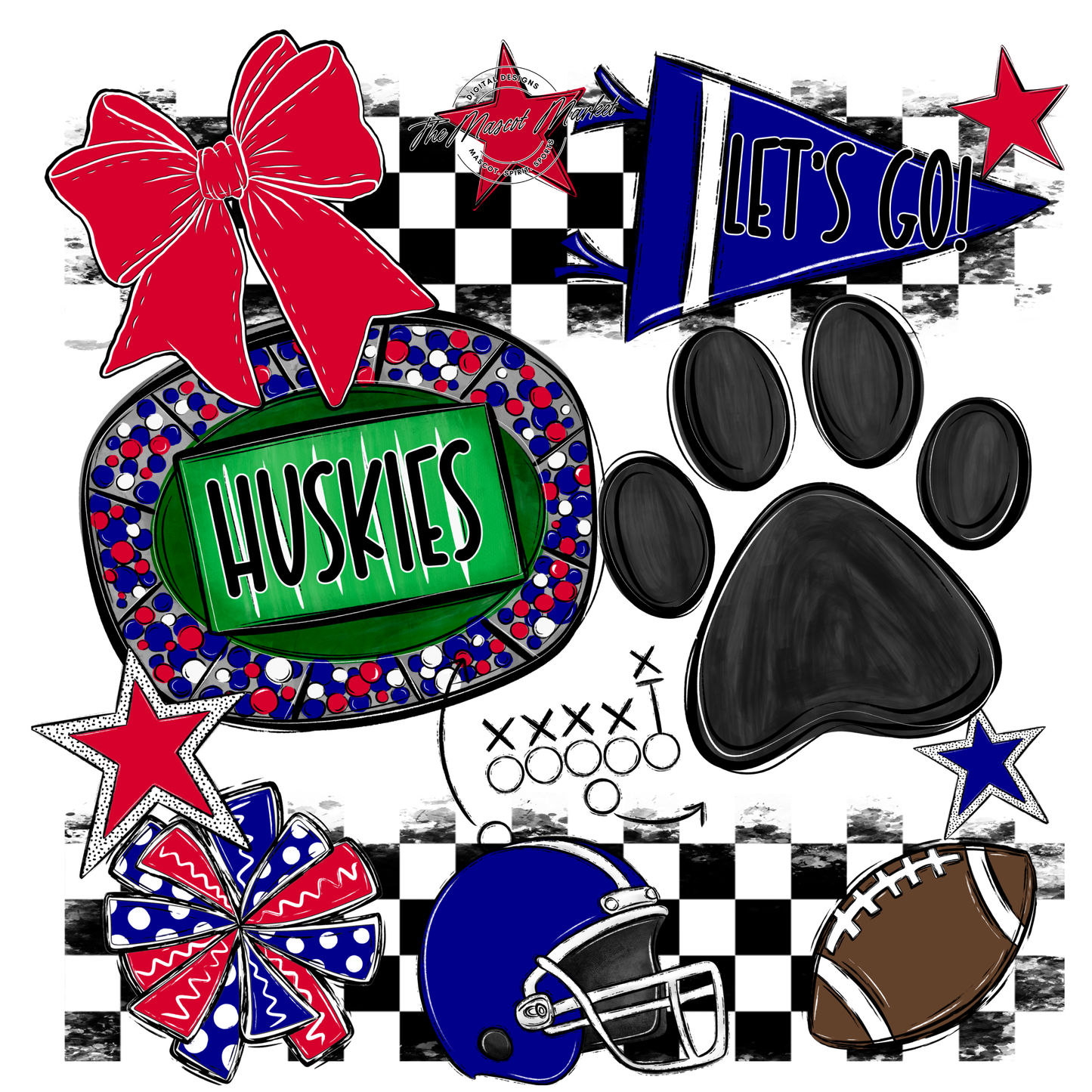 Huskies Checkers Mascot Spirit Design w Paw-Blue-Red