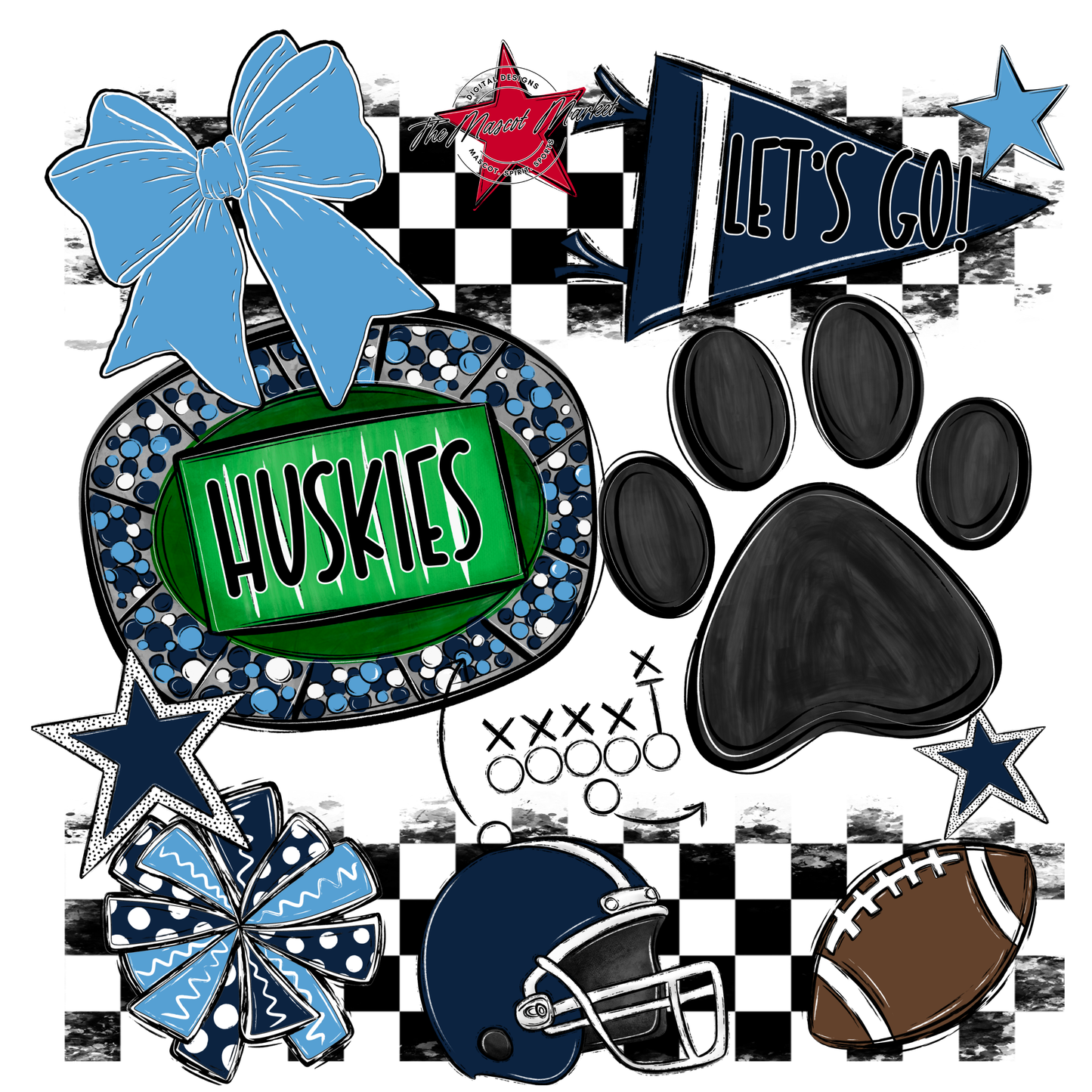 Huskies Checkers Mascot Spirit Design w Paw-Navy-Carolina Blue