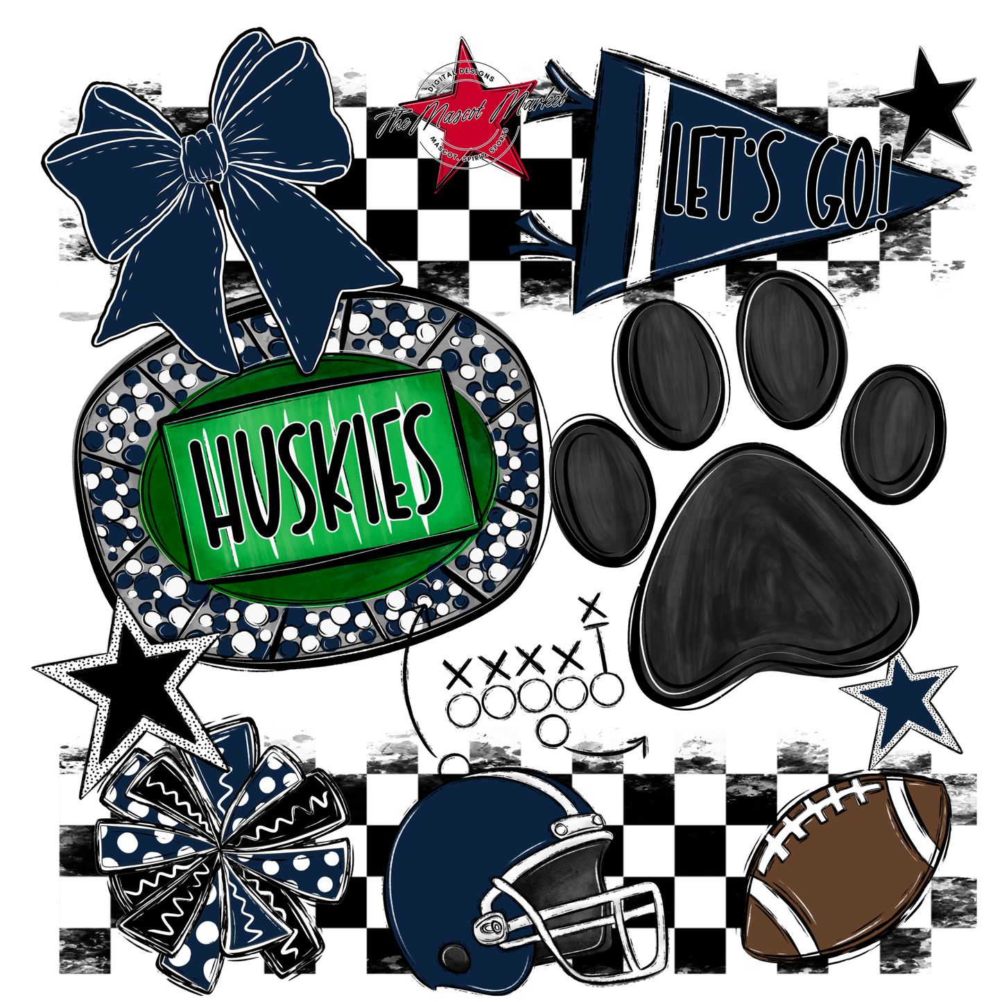 Huskies Checkers Mascot Spirit Design w Paw-Navy
