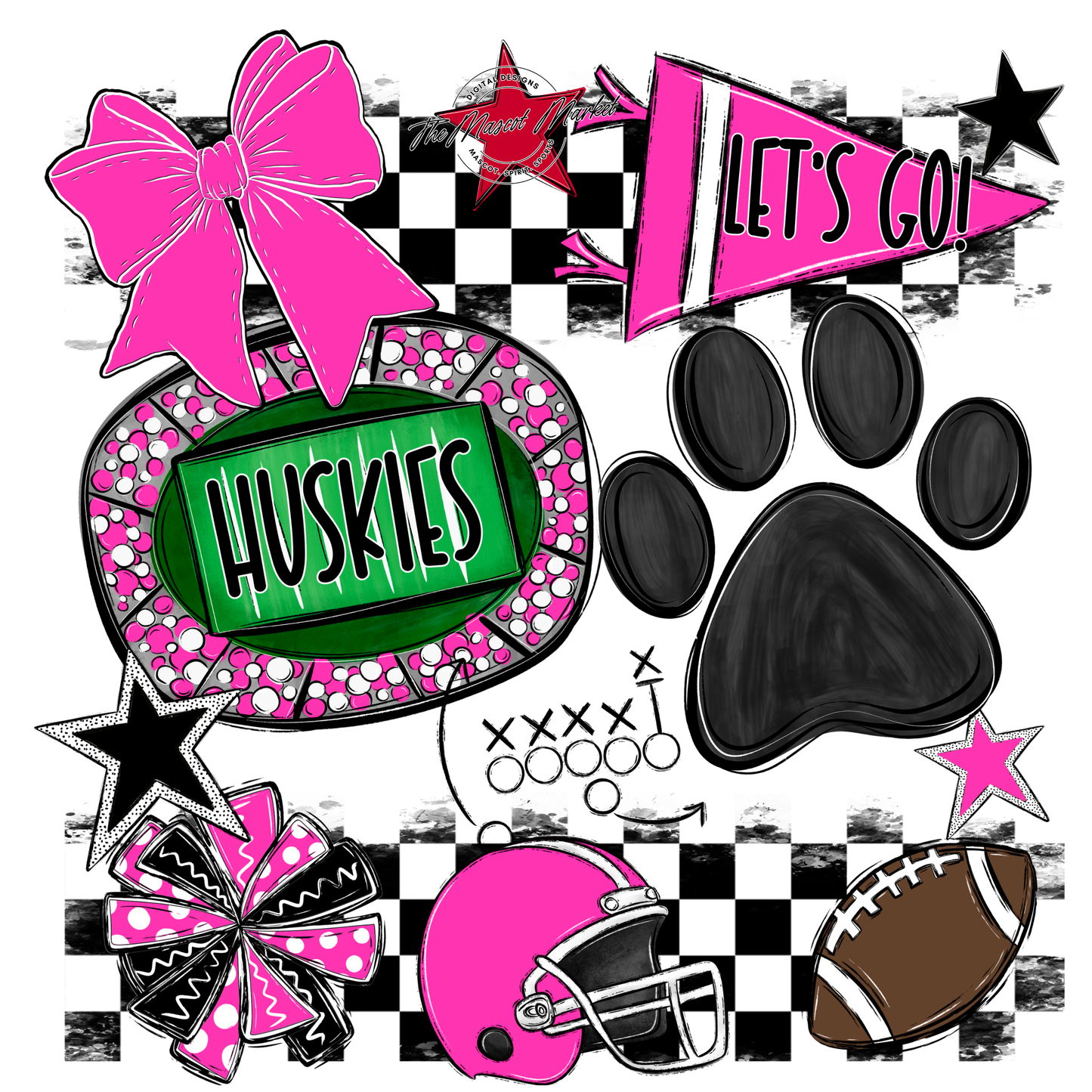 Huskies Checkers Mascot Spirit Design w Paw-Pink