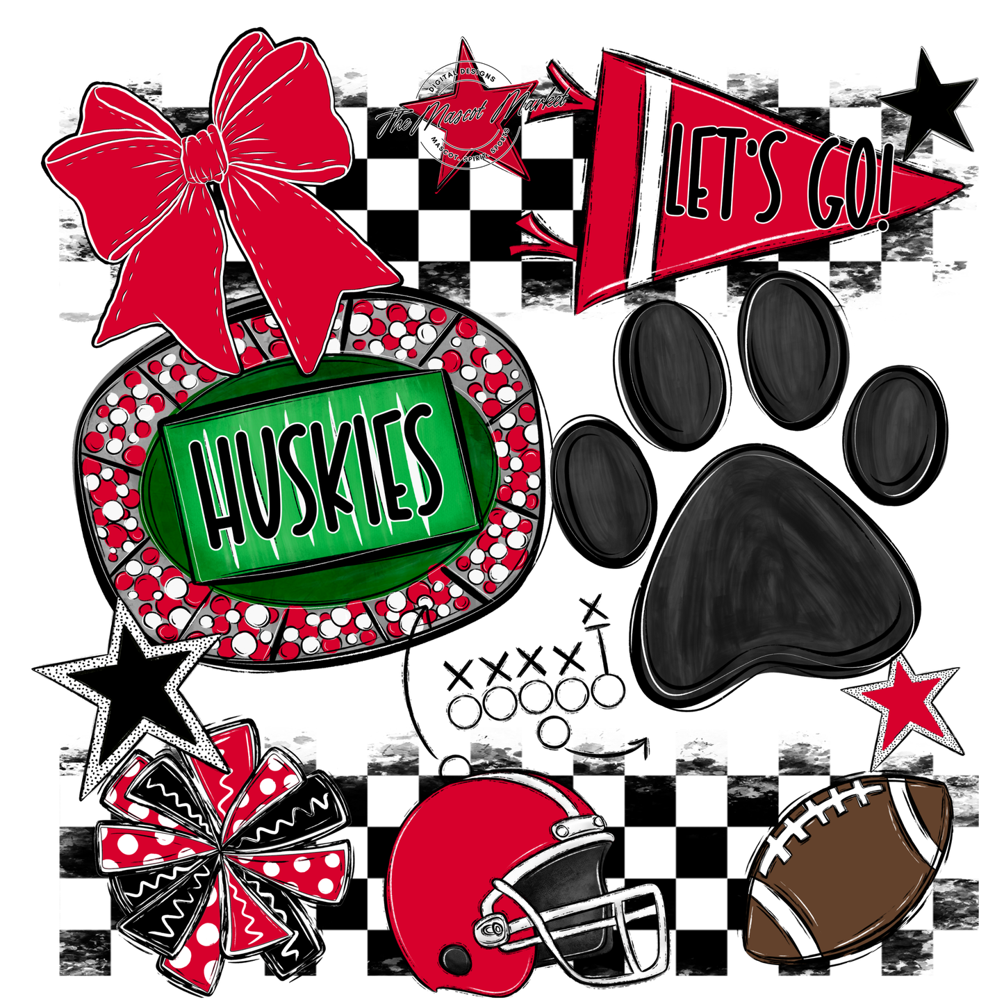 Huskies Checkers Mascot Spirit Design w Paw-Red