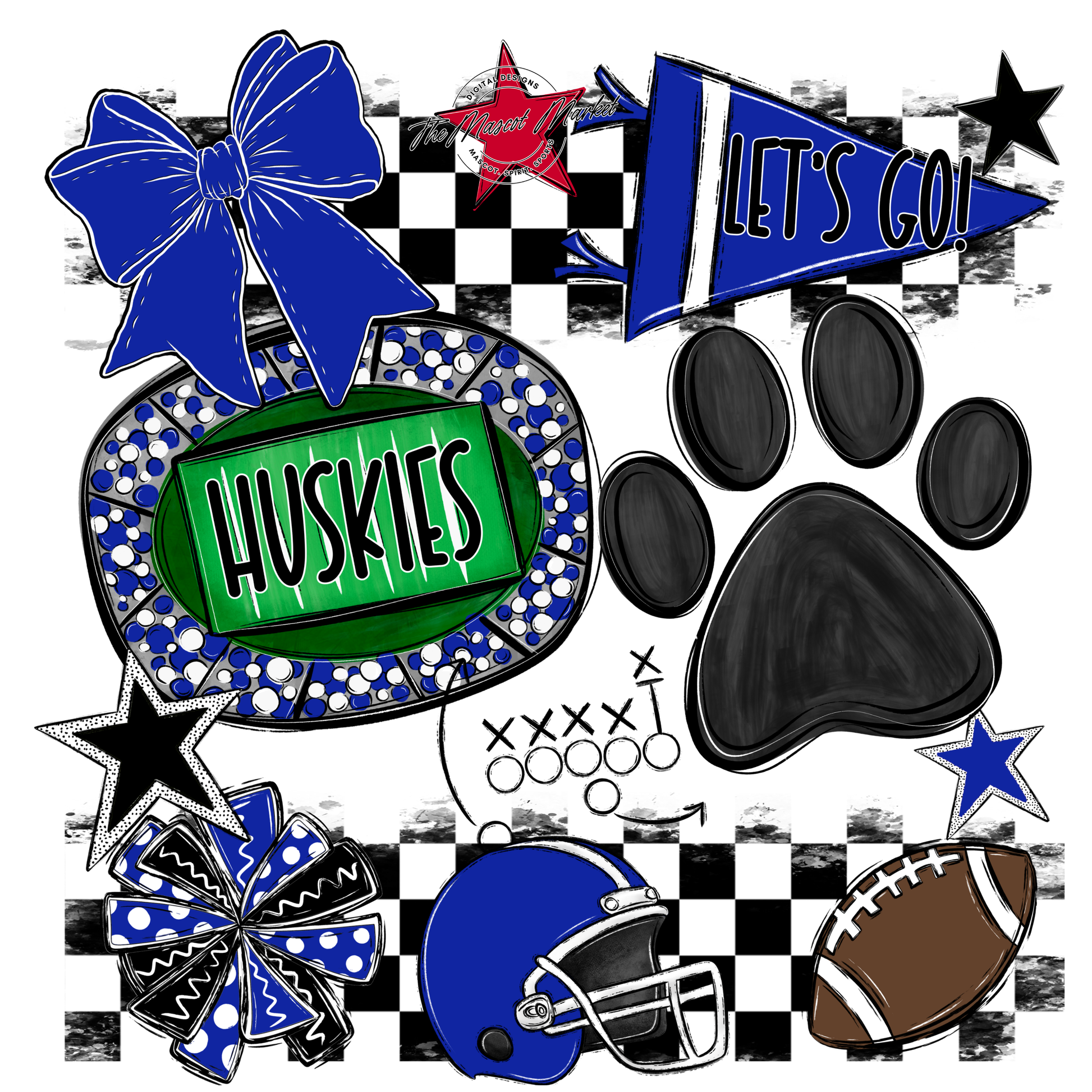Huskies Checkers Mascot Spirit Design w Paw-Royal Blue