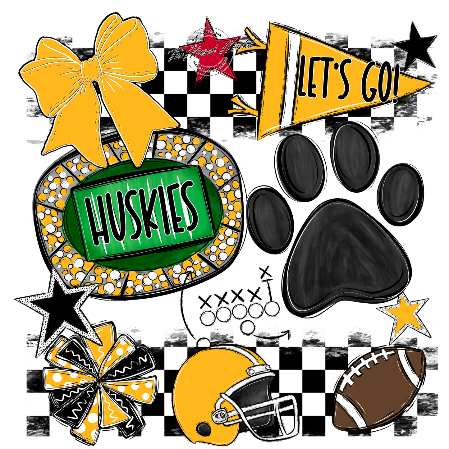 Huskies Checkers Mascot Spirit Design w Paw-Yellow