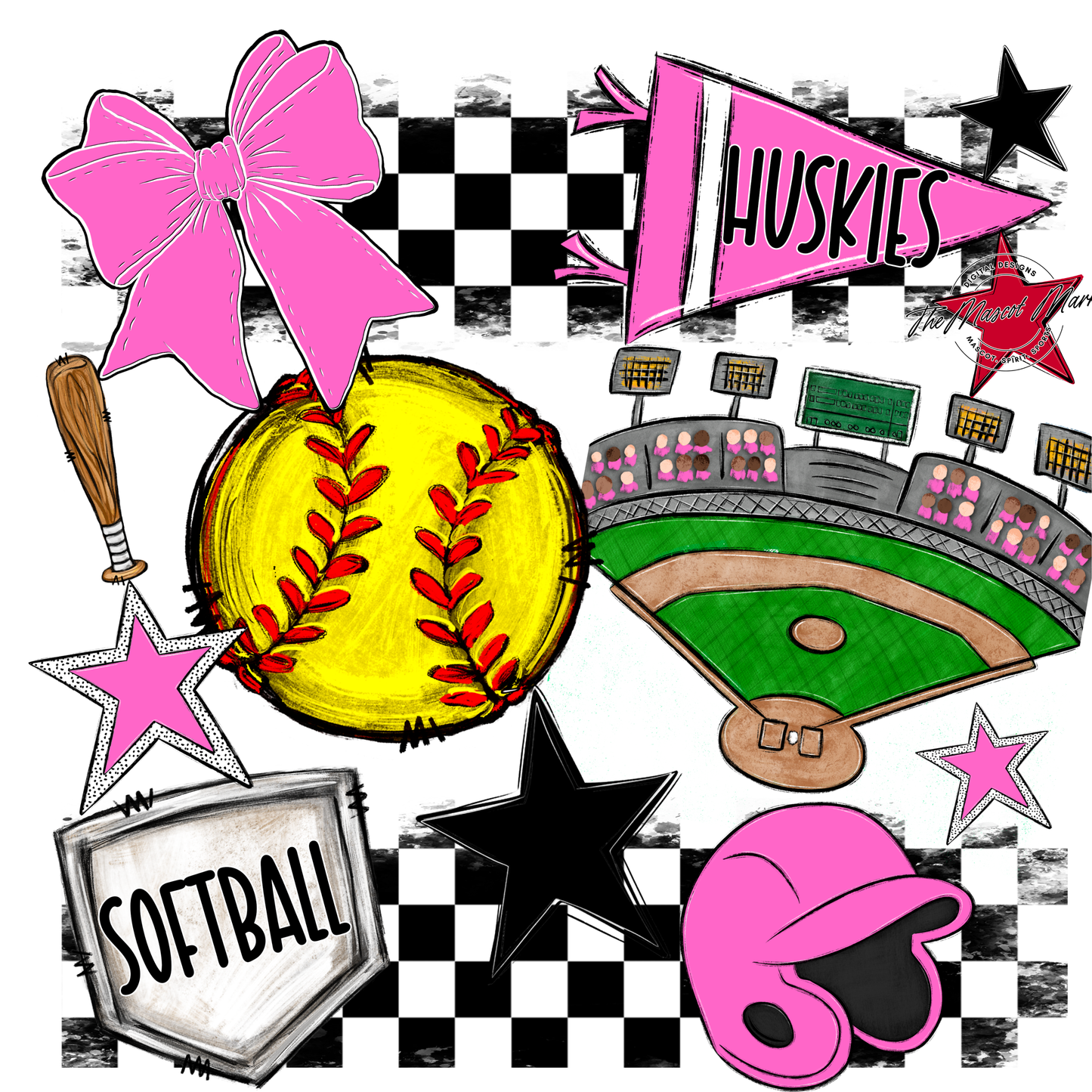 Huskies Checkers Softball Spirit Design-Baby Pink