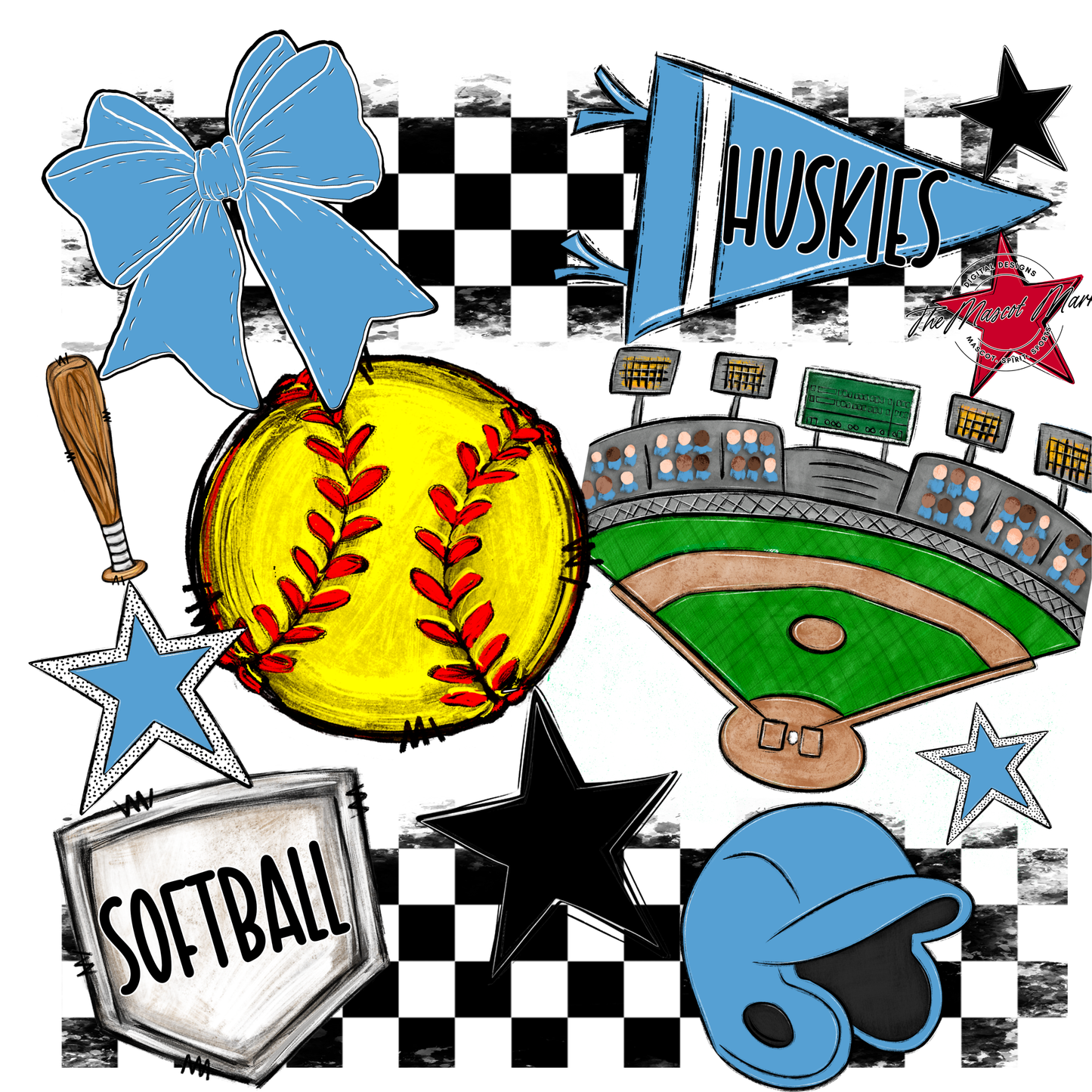 Huskies Checkers Softball Spirit Design-Carolina Blue