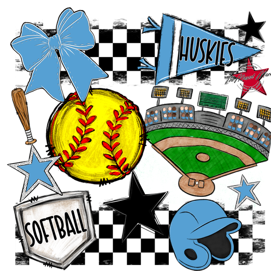 Huskies Checkers Softball Spirit Design-Carolina Blue