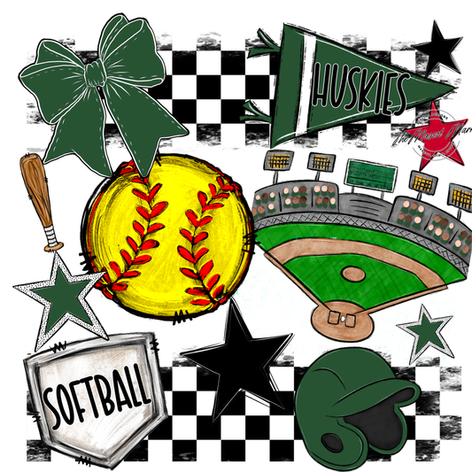 Huskies Checkers Softball Spirit Design-Green