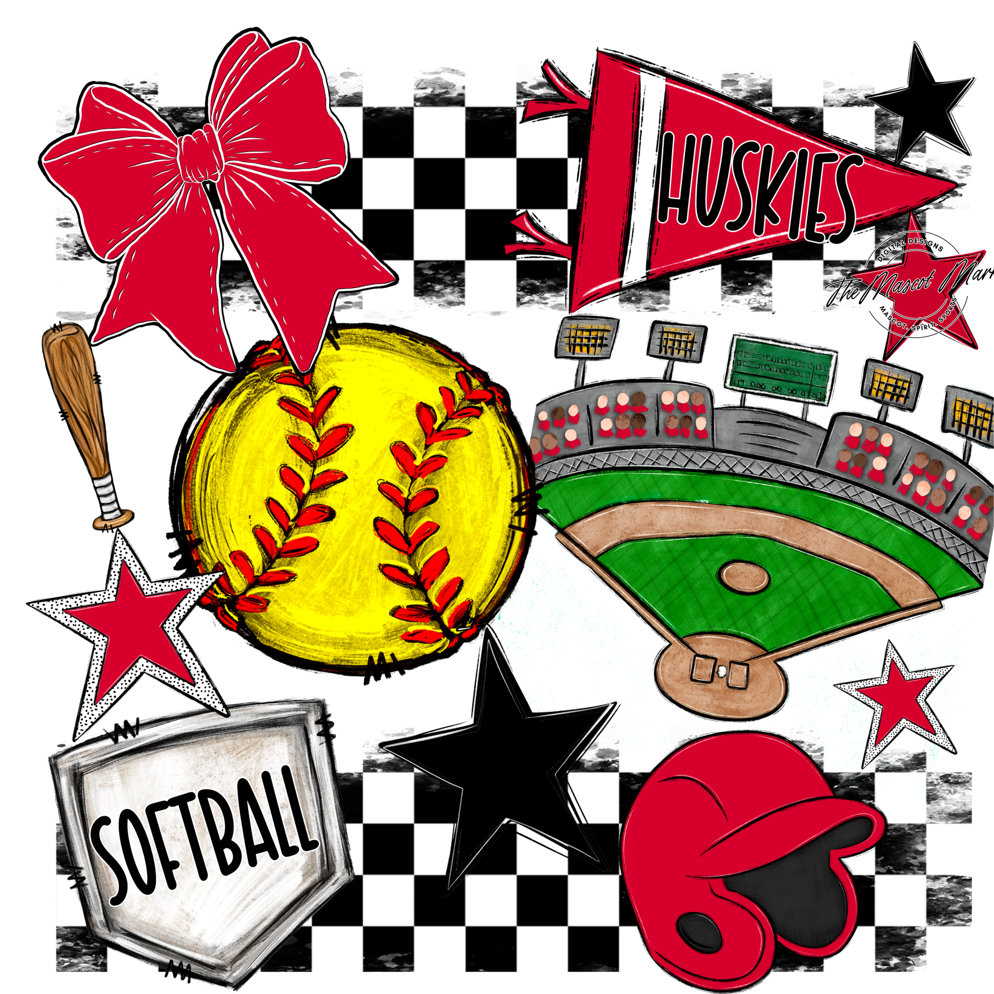 Huskies Checkers Softball Spirit Design-Red
