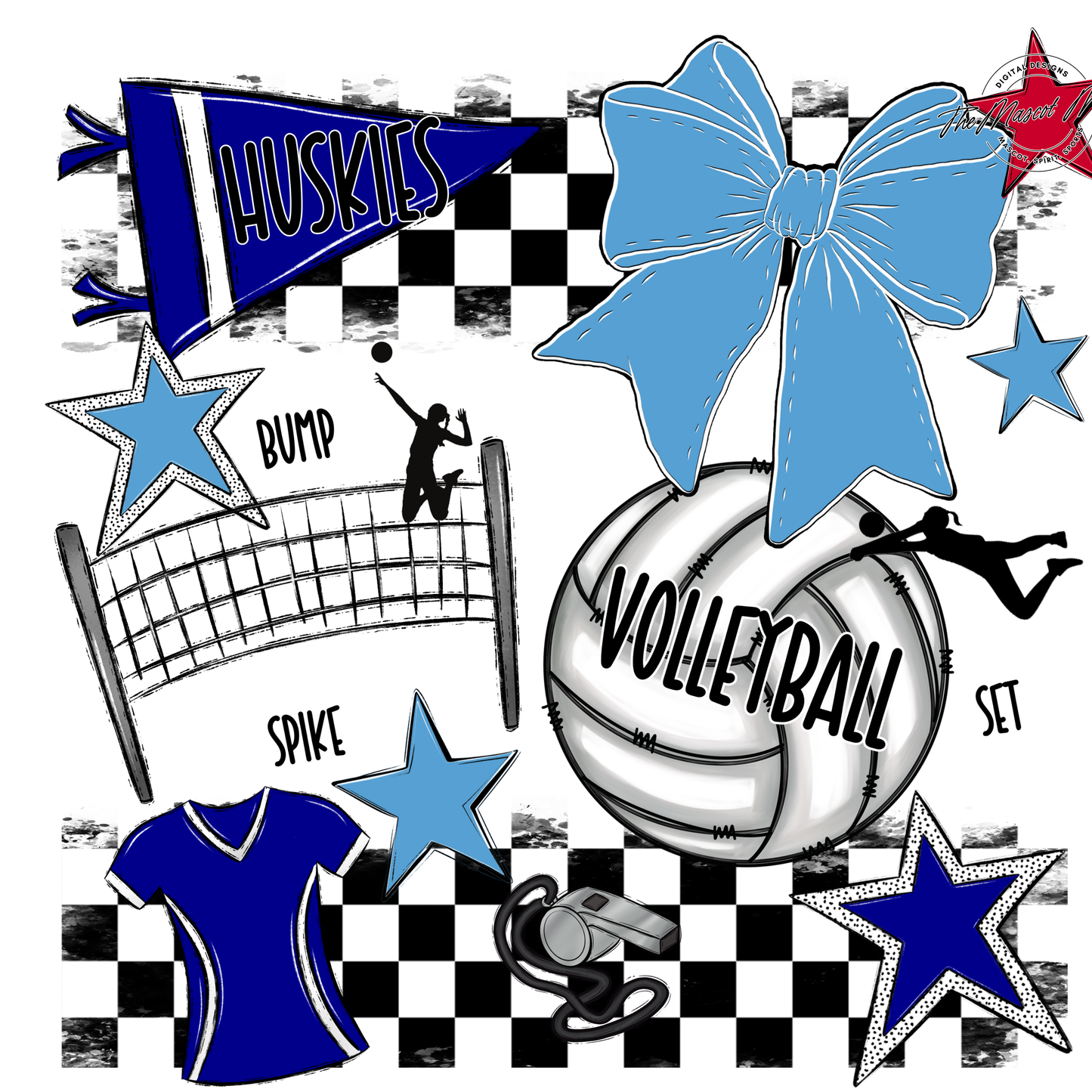 Huskies Checkers Volleyball Spirit Design-Blue-Carolina Blue