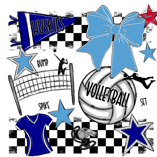 Huskies Checkers Volleyball Spirit Design-Blue-Carolina Blue