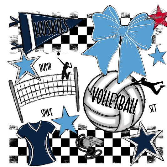Huskies Checkers Volleyball Spirit Design-Navy-Carolina Blue
