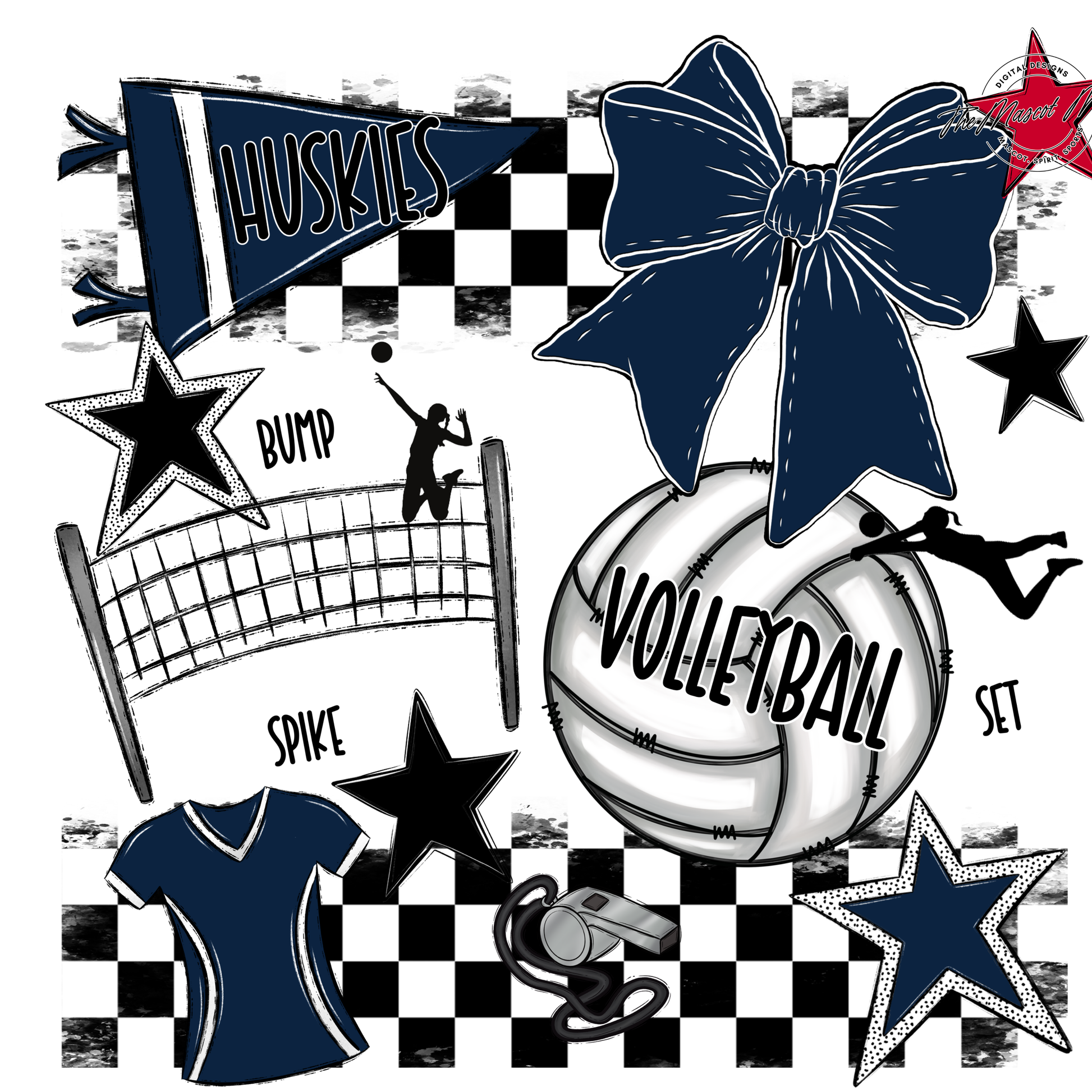 Huskies Checkers Volleyball Spirit Design-Navy