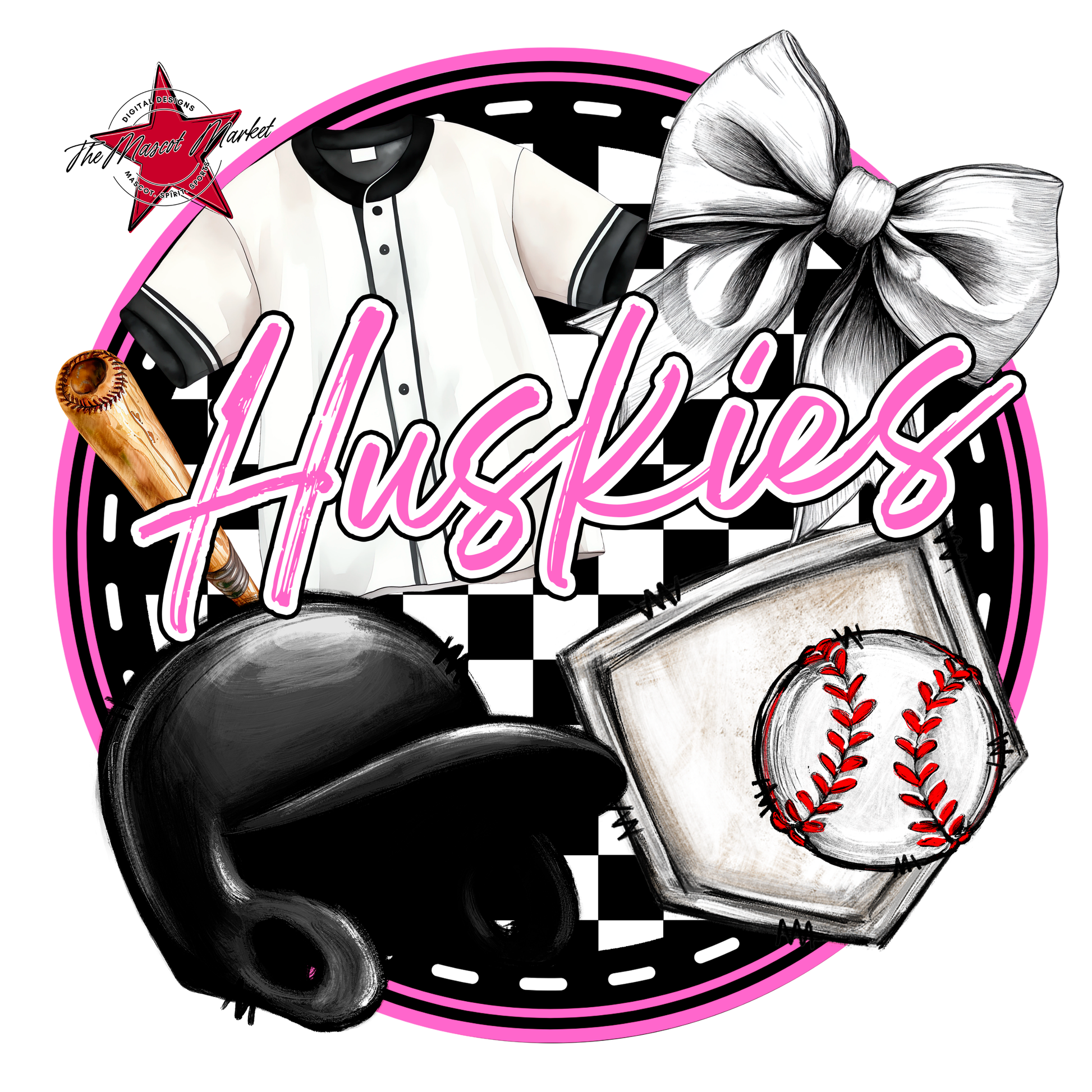 Huskies Circle Baseball Design-Baby Pink