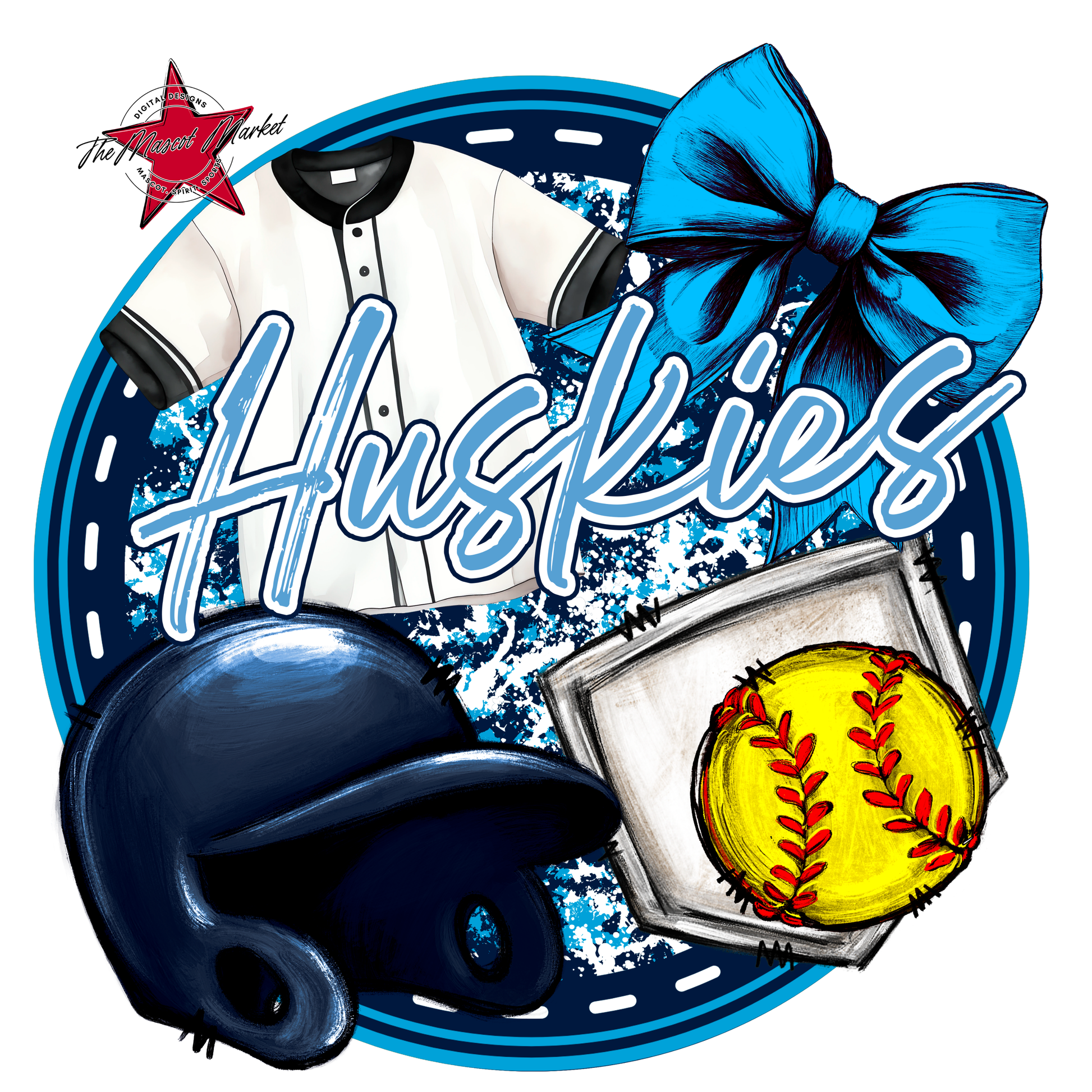 Huskies Circle Softball Design-Navy-Carolina Blue