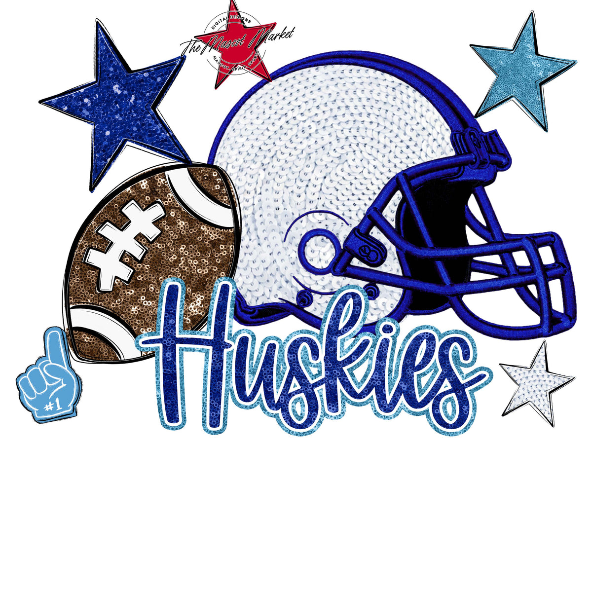 Huskies Football Embroidered Sequins Design-Blue & Carolina Blue