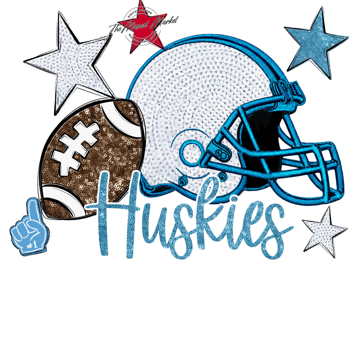 Huskies Football Embroidered Sequins Design-Carolina Blue