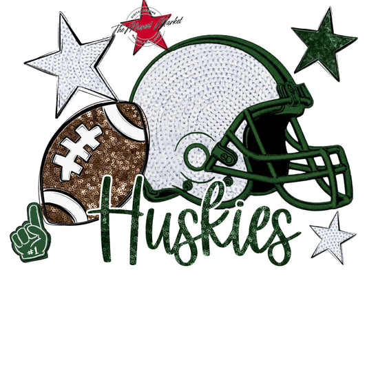 Huskies Football Embroidered Sequins Design-Green