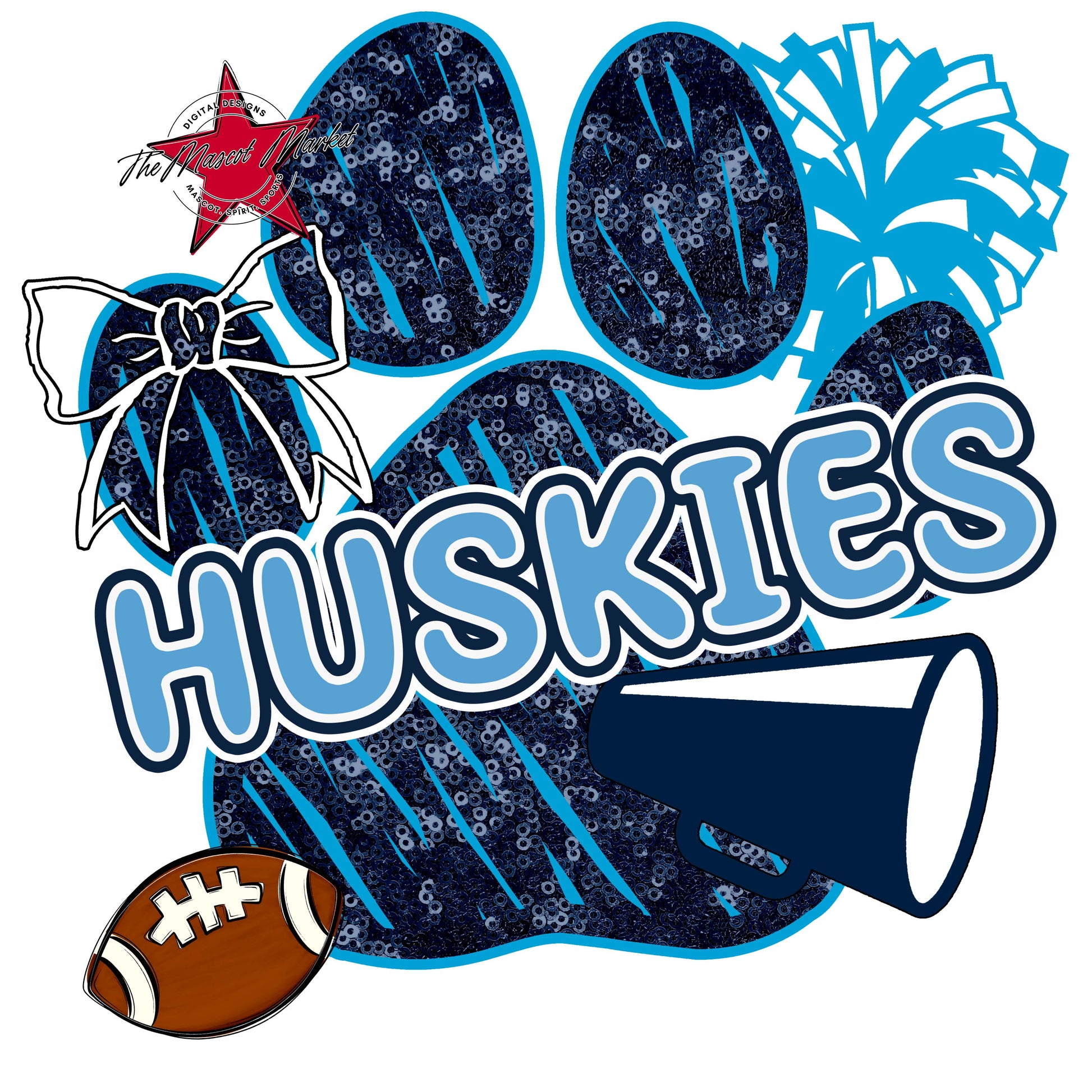 Huskies Sequins Paw Print Design-Navy & Carolina Blue