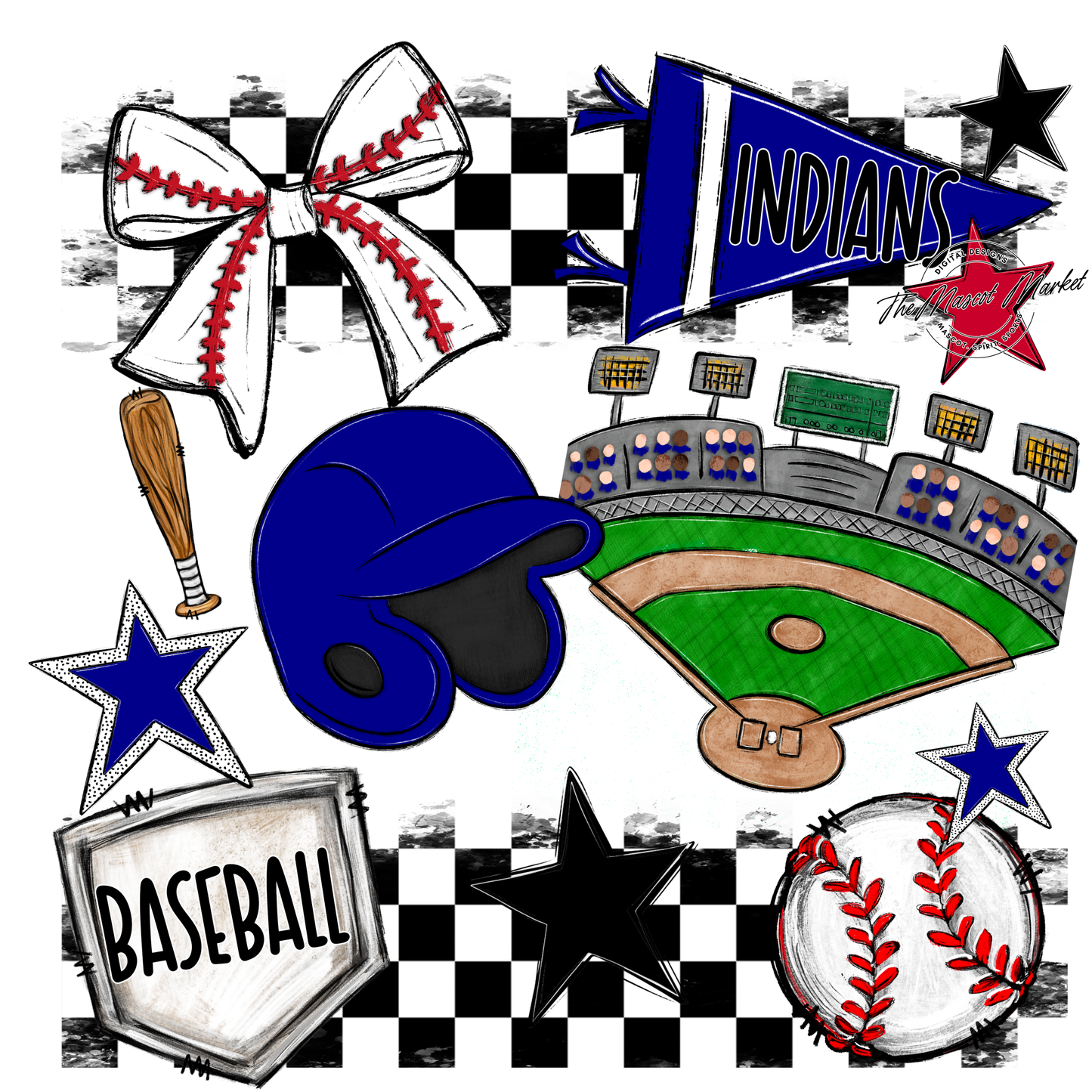 Indians Checkers Baseball Spirit Design-Blue