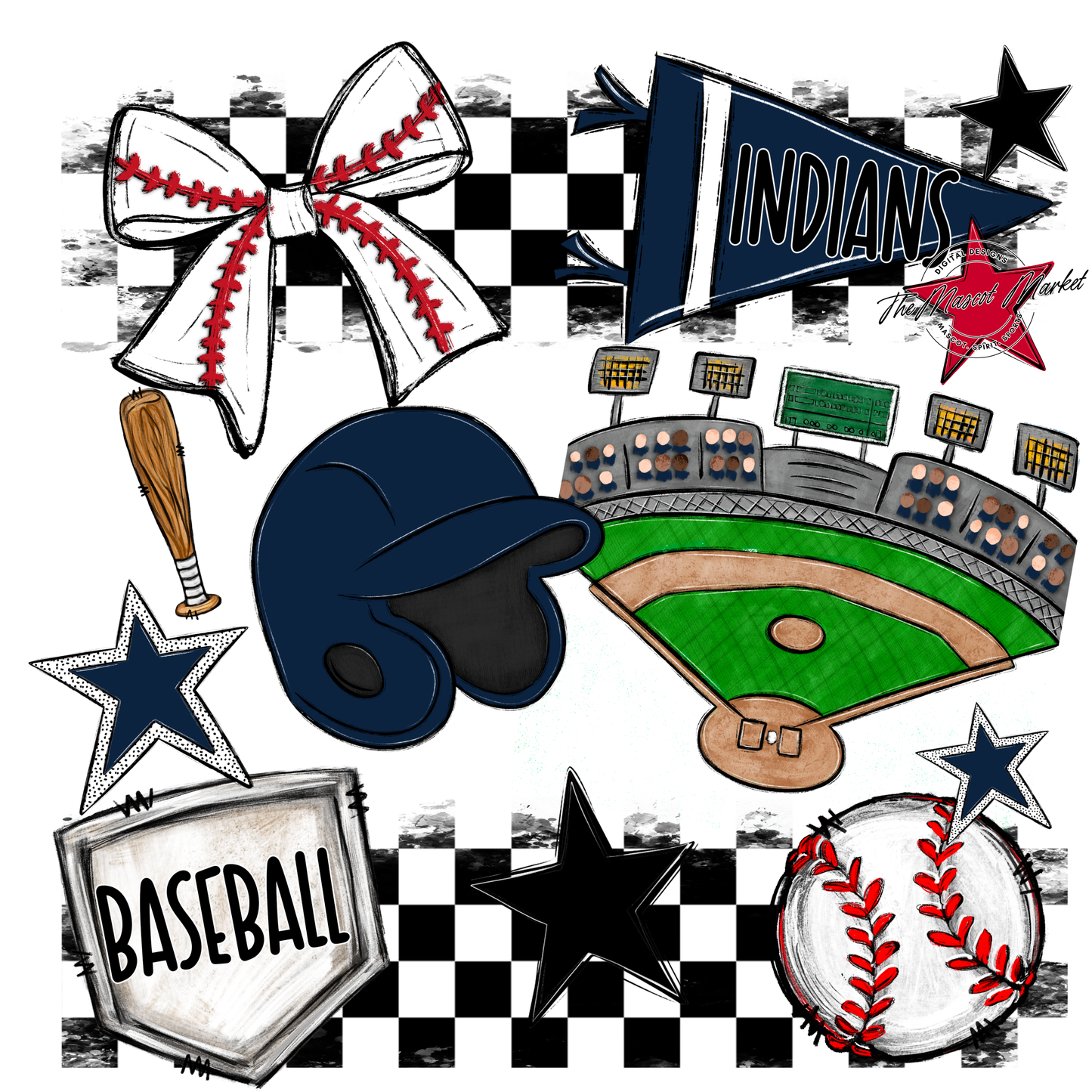 Indians Checkers Baseball Spirit Design-Navy