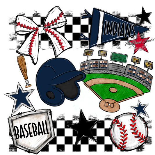 Indians Checkers Baseball Spirit Design-Navy