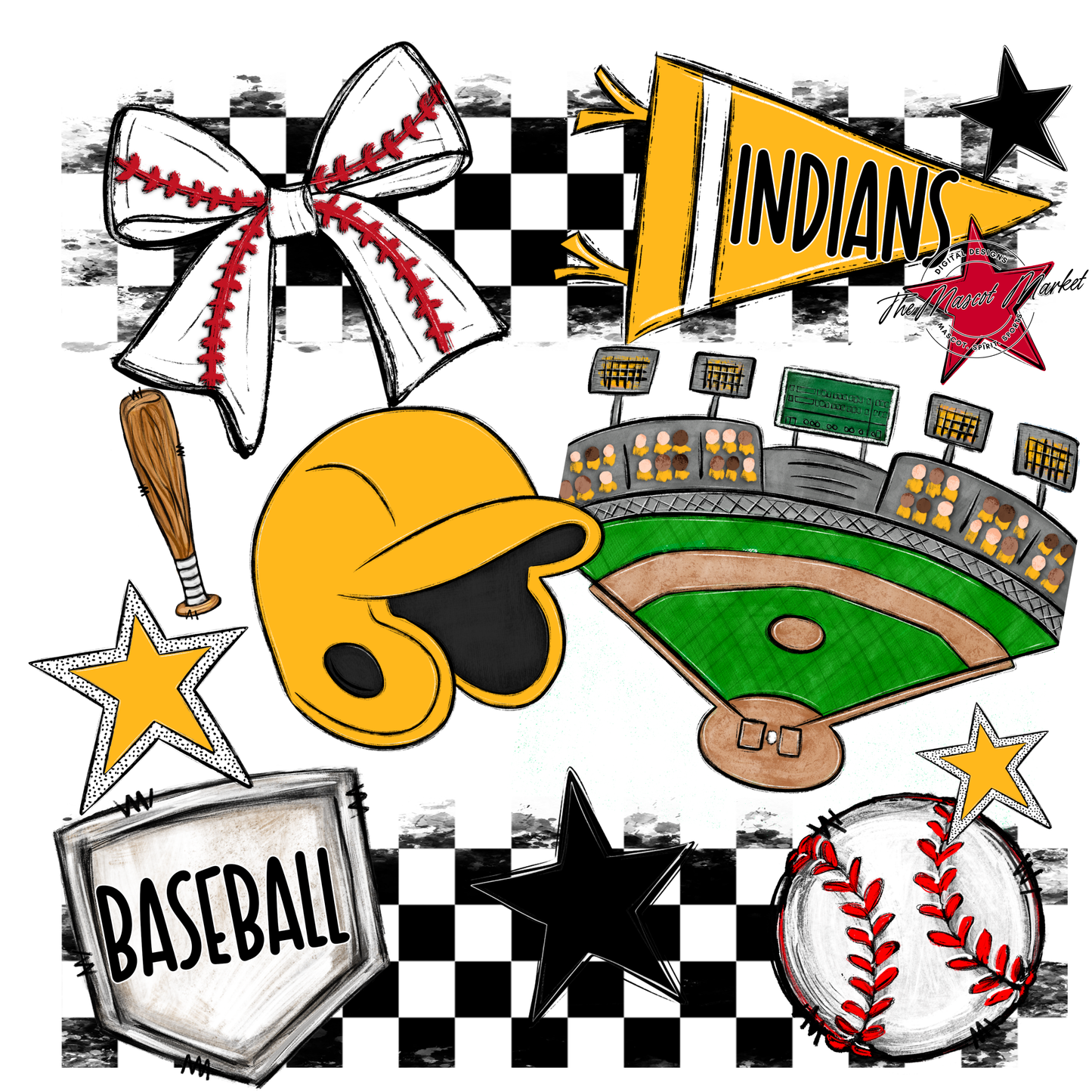 Indians Checkers Baseball Spirit Design-Yellow