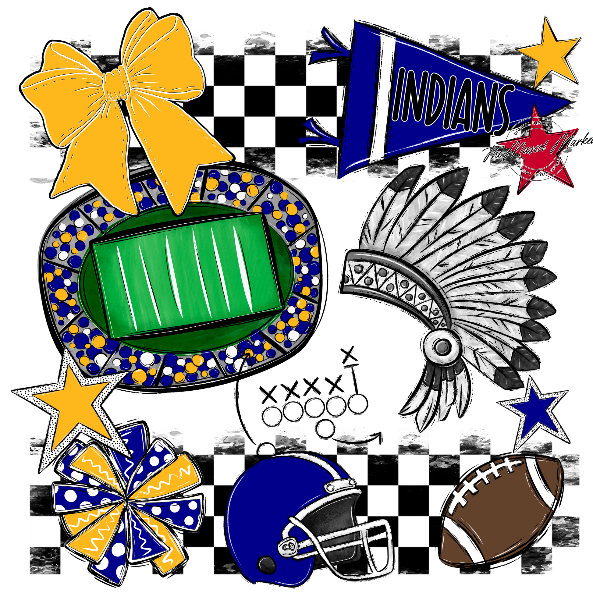 Indians Checkers Mascot Spirit Design-Blue-Yellow