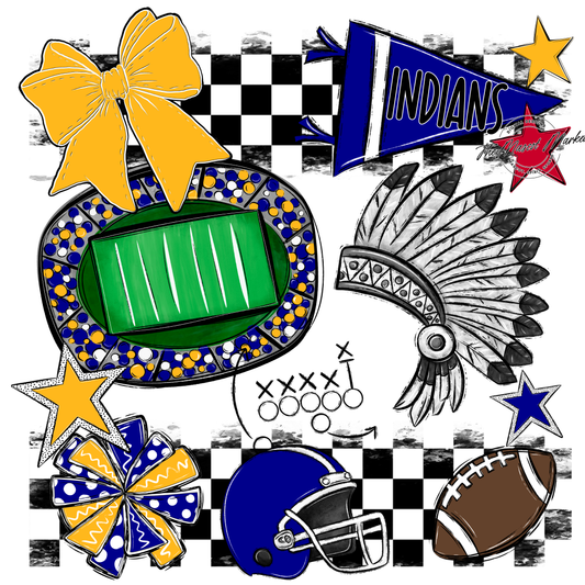 Indians Checkers Mascot Spirit Design-Blue-Yellow