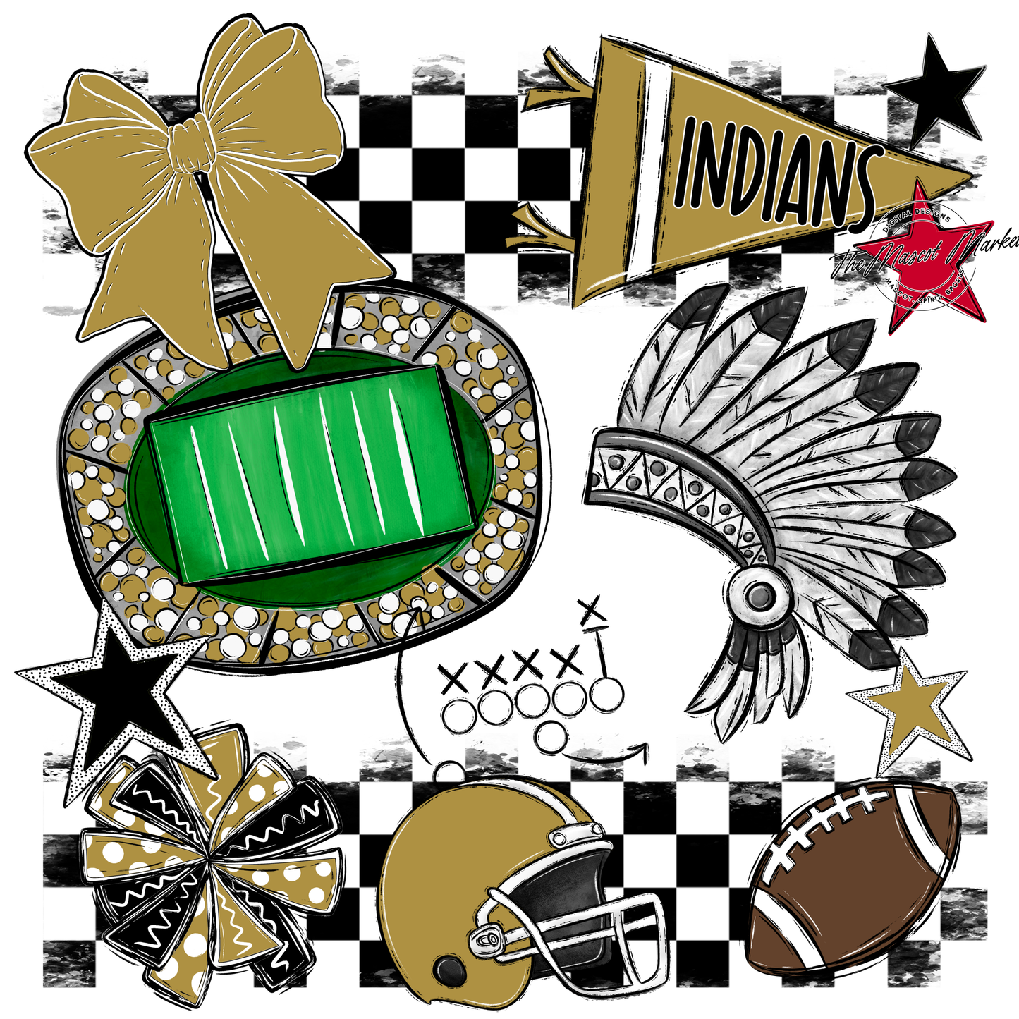 Indians Checkers Mascot Spirit Design-Gold