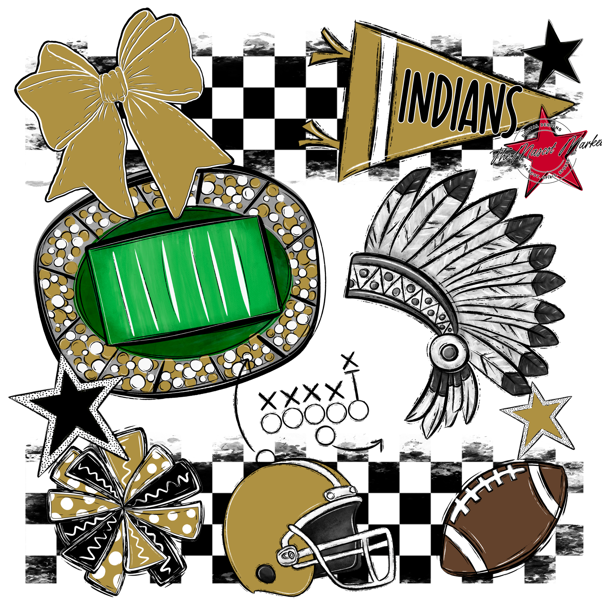Indians Checkers Mascot Spirit Design-Gold