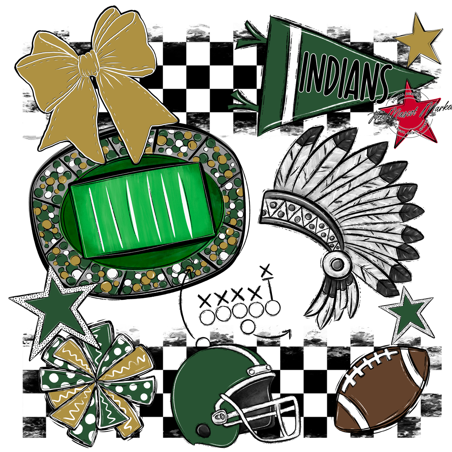 Indians Checkers Mascot Spirit Design-Green-Gold