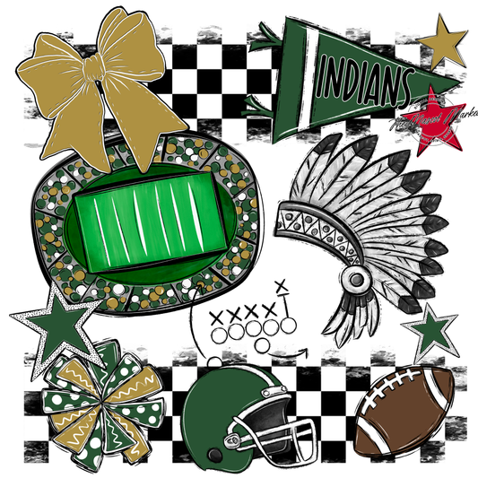 Indians Checkers Mascot Spirit Design-Green-Gold