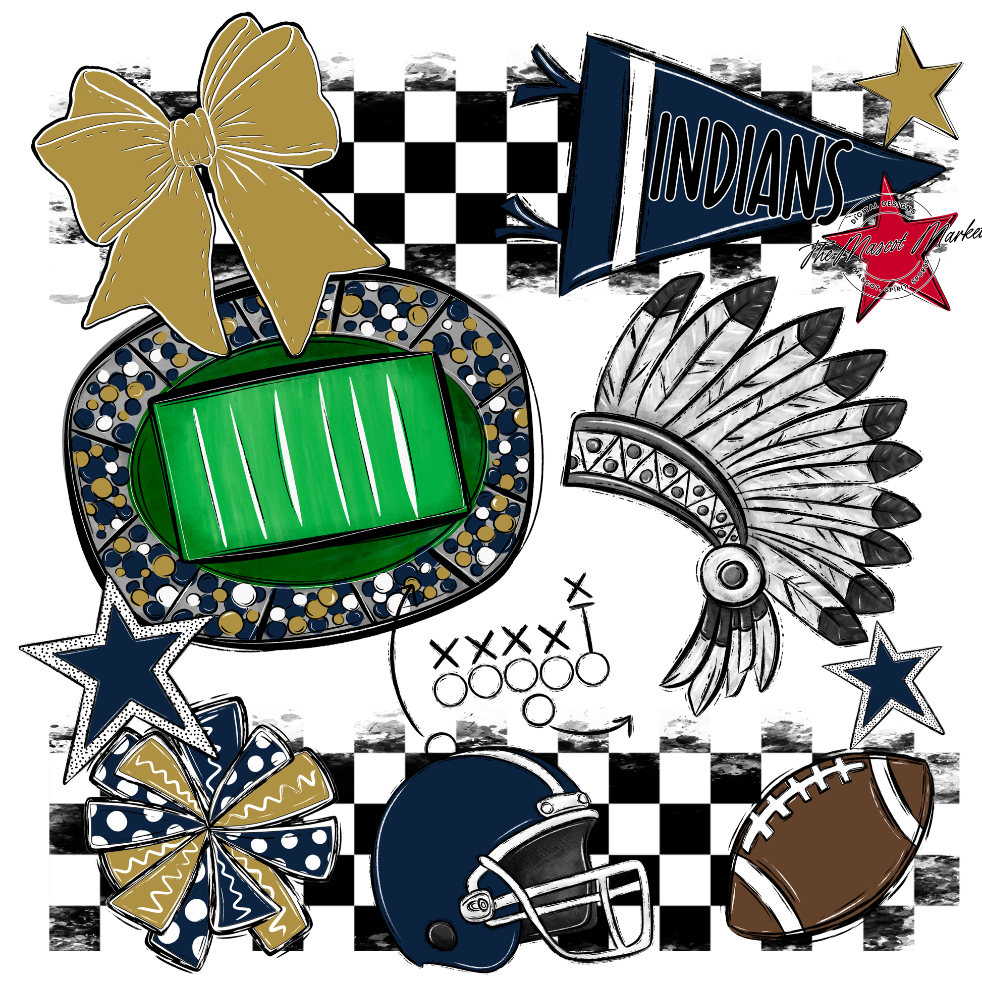 Indians Checkers Mascot Spirit Design-Navy-Gold