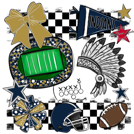 Indians Checkers Mascot Spirit Design-Navy-Gold