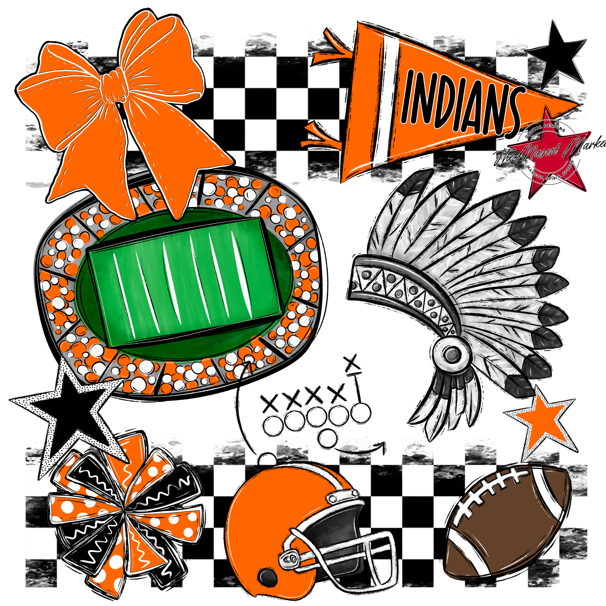 Indians Checkers Mascot Spirit Design-Orange