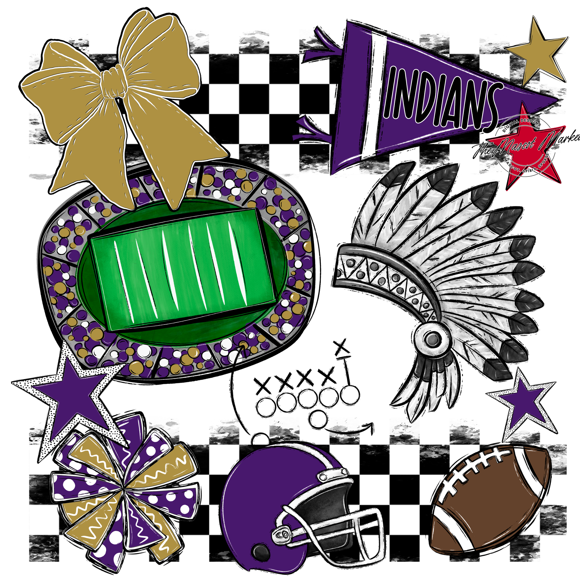 Indians Checkers Mascot Spirit Design-Purple-Gold