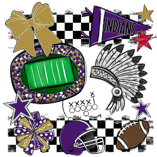 Indians Checkers Mascot Spirit Design-Purple-Gold