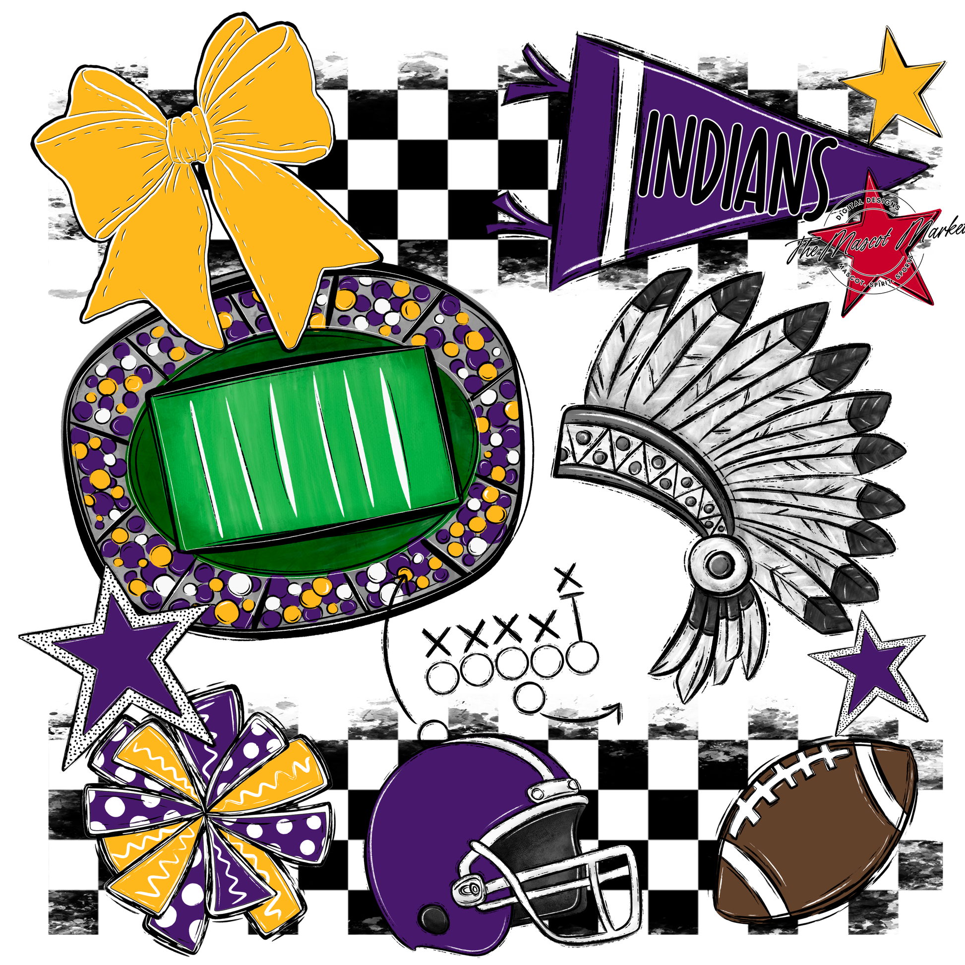 Indians Checkers Mascot Spirit Design-Purple-Yellow