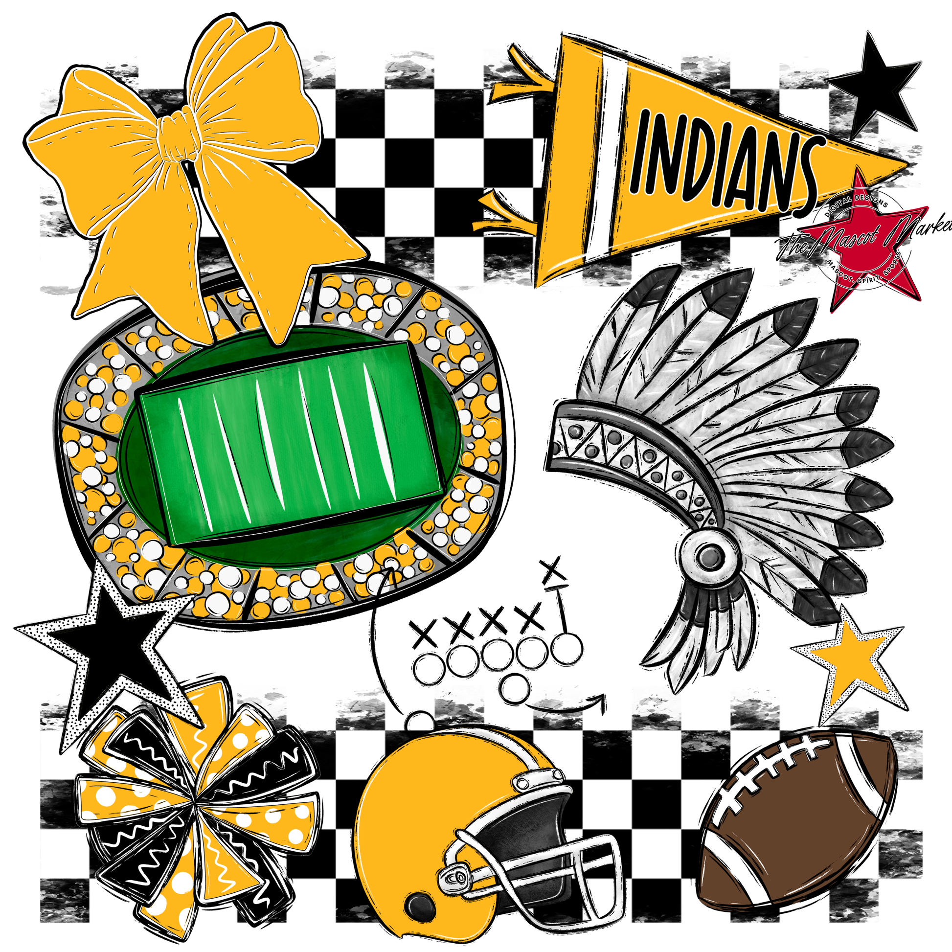 Indians Checkers Mascot Spirit Design-Yellow