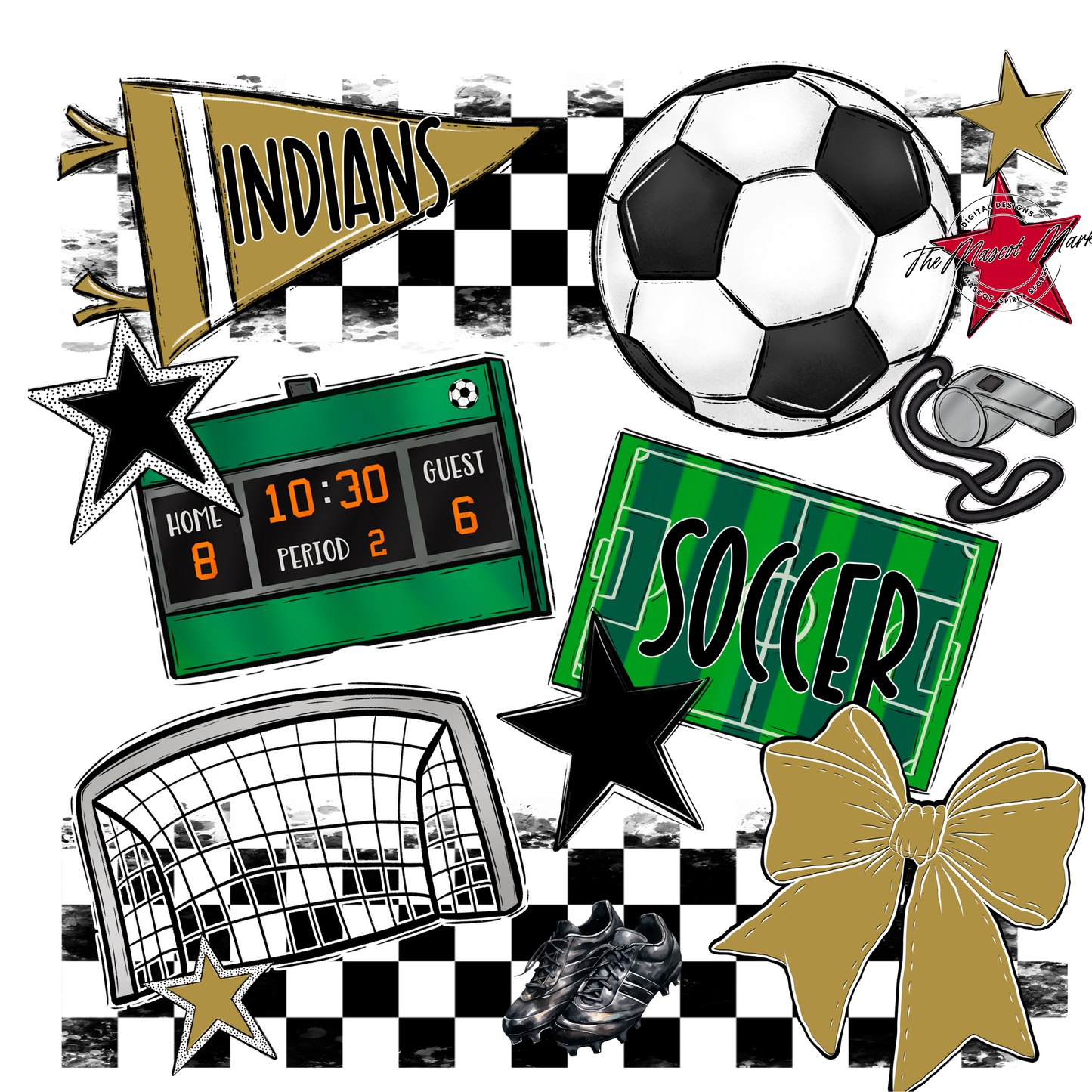 Indians Checkers Soccer Spirit Design-Gold