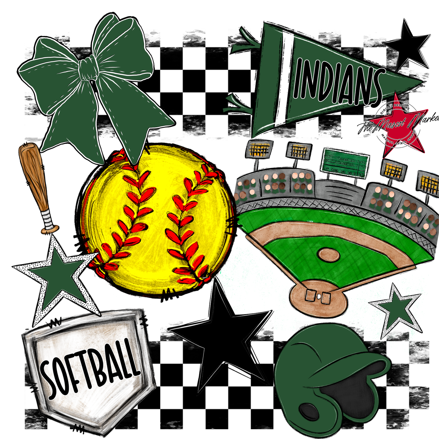 Indians Checkers Softball Spirit Design-Green